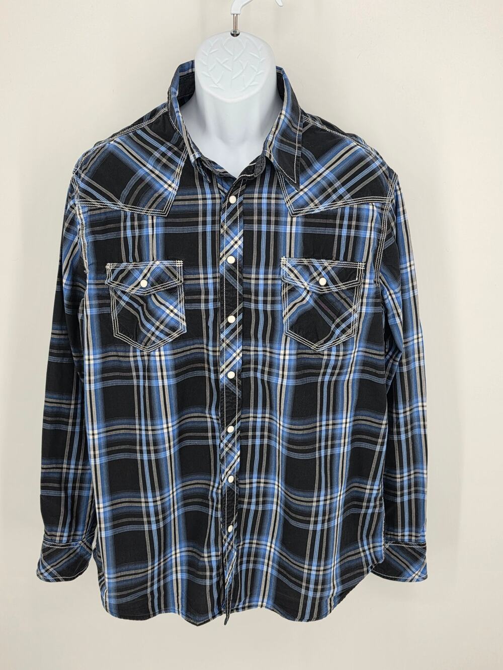 Rock & Roll Cowboy Shirt XL Black Blue Plaid Long Sleeve Pearl Snap Western